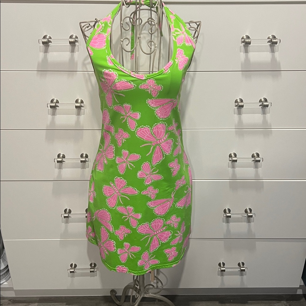 Lilly Pulitzer Vintage “Karlo” Print Pink & Green Halter Mini Dress, size XS